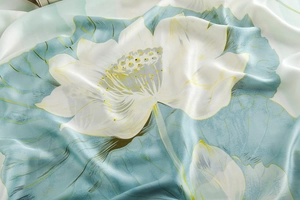 Vue détaillée du tissu léger de l'écharpe en soie avec motif de lotus élégant
