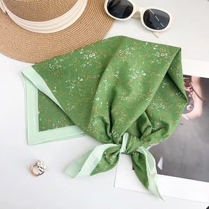 French style cotton green floral square scarf with sun protection for hair and neck