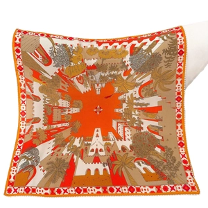Seidenschal mit exotischem Schlossprint in Orange und floralem geometrischem Rand