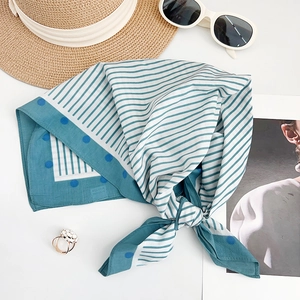 Blue cotton silk scarf with stripes and polka dots for summer hair styling and neck decor