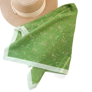 French style floral cotton square scarf with green patterns and summer straw hat