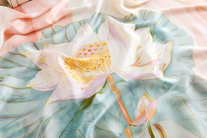 Détail macro montrant la texture de soie et le motif de lotus élégant sur le châle