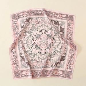 Pink silk square scarf with vintage animal prints and elegant satin finish