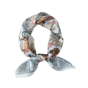 Light blue silk square scarf with vintage animal print and hand-painted floral patterns