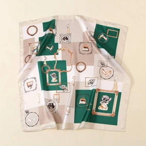 Elegant satin square scarf with vintage fashion print in dark green and beige tones