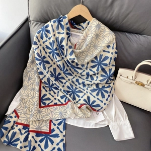 Floral geometric pattern scarf in cream and blue cotton-linen feel pashmina shawl
