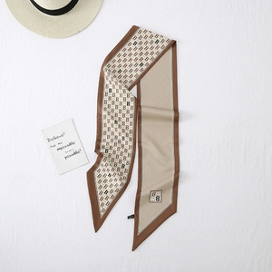 Detail of a brown and khaki narrow silk scarf with letter B patterns and pointed ends