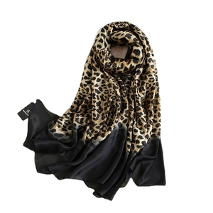 Classic leopard print long silk scarf with black color-block design for women