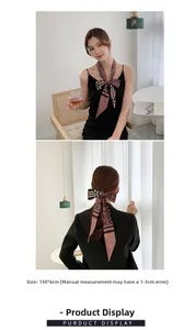 Silk-like long floral scarf in pink-coffee color, size 150x6cm for neck and hair tie