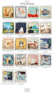 Detailed grid showing eighteen unique illustrated patterns of square satin neck scarves