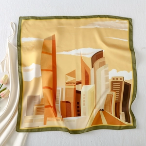 Detailed view of square silk scarf featuring warm urban architecture illustration prints