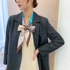 Elegant floral print skinny silk scarf tied in a bow with office suit for women