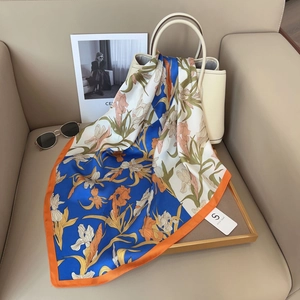 Women Satin Square Scarf Elegant Iris Floral Printed Neck Scarf Chic Color Block Head Wrap Neckerchief Accessories