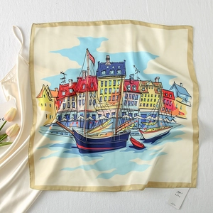Close-up of square satin scarf featuring Nordic harbor architecture and sailboat prints