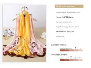 Detail of silk satin floral long scarf 90x180cm featuring elegant machine hem finish
