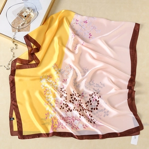 Floral print satin silk scarf in yellow and pink patchwork with elegant border