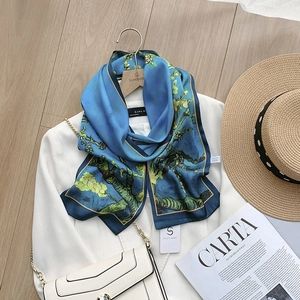 Artistic oil painting style silk scarf with Van Gogh almond blossom print on white blazer