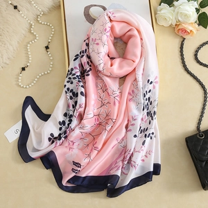 Women Floral Printed Faux Silk Scarf Long Polyester Satin Sun Protection Beach Shawl Lightweight Elegant Sweet Gradient Wrap