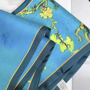 Detailed view of digital ink painting silk scarf with Van Gogh almond blossom pattern