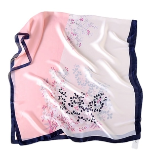 Elegant floral print satin silk long shawl with blue borders and artistic pink leaf patterns