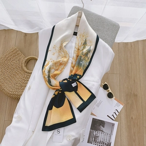 Elegant Digital Print Polyester Satin Long Scarf Women Vintage Oil Painting Style Decorative Silk Feeling Shawl With Artificial Pearl