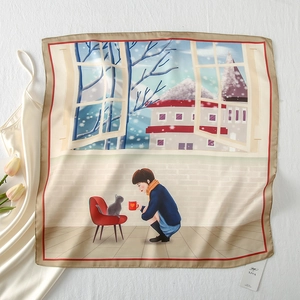 Detailed close-up of a satin silk scarf featuring a girl and cat winter illustration