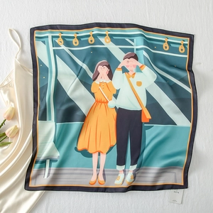 Detail of satin square scarf featuring a colorful couple illustration with hand-rolled edges