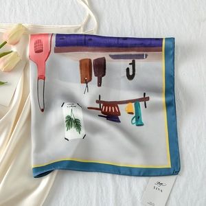 Detailed view of satin silk square scarf with vintage kitchen illustration and rolled edges