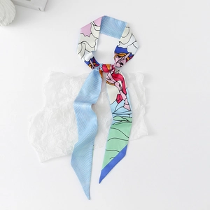 Detailed close-up of floral twilly silk scarf with blue stripes and artistic cloud patterns