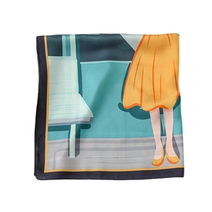 Artistic satin square silk scarf featuring a woman in orange dress on blue background