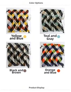 Close-up of lightweight checkered cotton-linen scarfs in yellow, blue, and brown tones