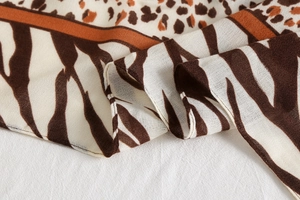 Macro view of leopard and zebra print scarf detail with fine stitching edges