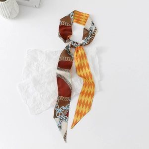 Elegant floral twilly silk scarf with orange diamond and blue chain patterns on white background