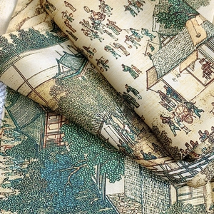 Detail of vintage landscape ink painting on premium silk scarf with natural drape