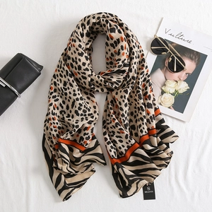 Leopard print cotton linen long scarf with zebra stripes and orange color blocks