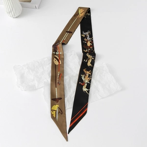 Detail of equestrian print silk-feel narrow scarf with rider and horse pattern