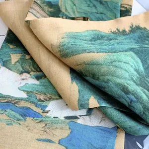 Macro detail of silk scarf with traditional Chinese landscape ink painting pattern