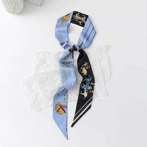 Detailed view of a floral silk-like twilly scarf with equestrian horse print motifs