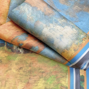 Detailed close-up showing the glossy texture and oil painting print on the silk scarf