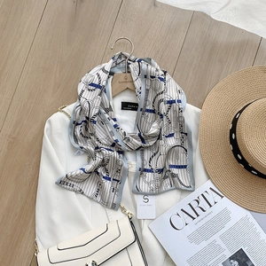French vintage double-layered skinny scarf with nautical chain print on cream silk