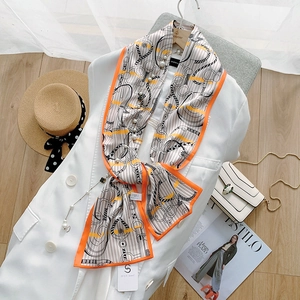 French vintage double-layered silk scarf with chain print and orange border on white blazer