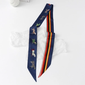 Detail of double-sided silk-feel skinny scarf with horse print and classic stripes
