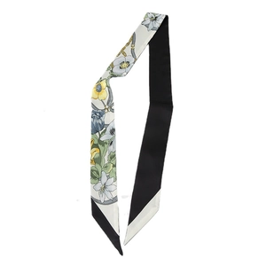 Double-sided floral skinny scarf with vintage chain patterns and black backing