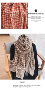 Detail of cotton linen houndstooth scarf showing 180x85cm size and orange brown fabric