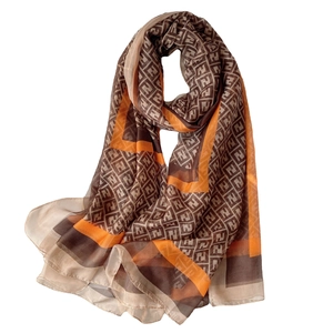 Polka dot silk beach scarf with brown and orange interlocking F pattern and geometric lines