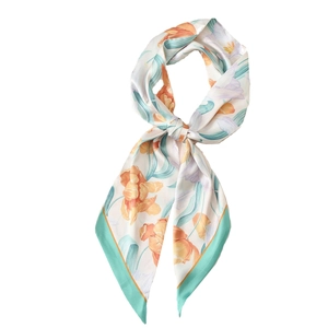 Fashionable floral print silk scarf with orange tulips and green edges in a knot tie style