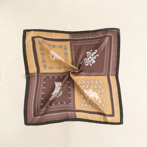 Retro silk square scarf with gold border, elephant and camel prints on beige backdrop