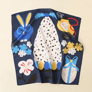 Carré de soie satiné bleu marine avec motifs de lapin mignon et imprimé de Pâques