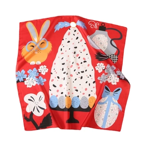 Carré de soie rouge avec imprimé lapin de dessin animé et motifs floraux artistiques