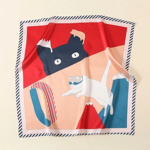 Foulard Carré en Satin Pour Femmes Imprimé Chat Illustration Artistique Foulard Effetto Soie Accessoire de Sac Mode